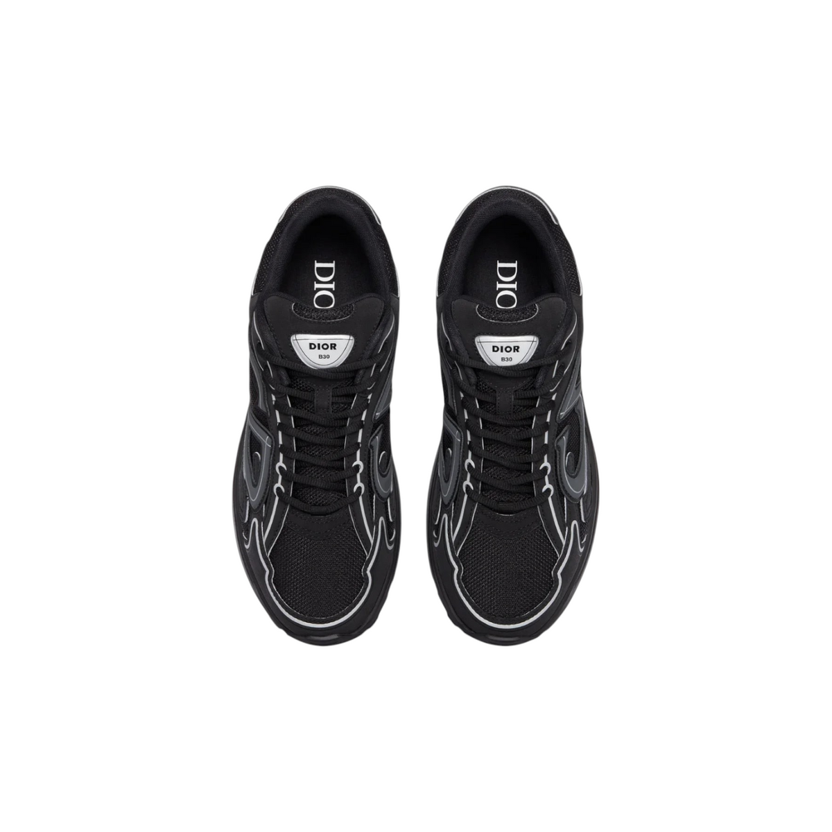 JeevzPlug Dior B30 sneakers in black mesh and technical fabric with reflective CD30 signatures and rubber outsole.