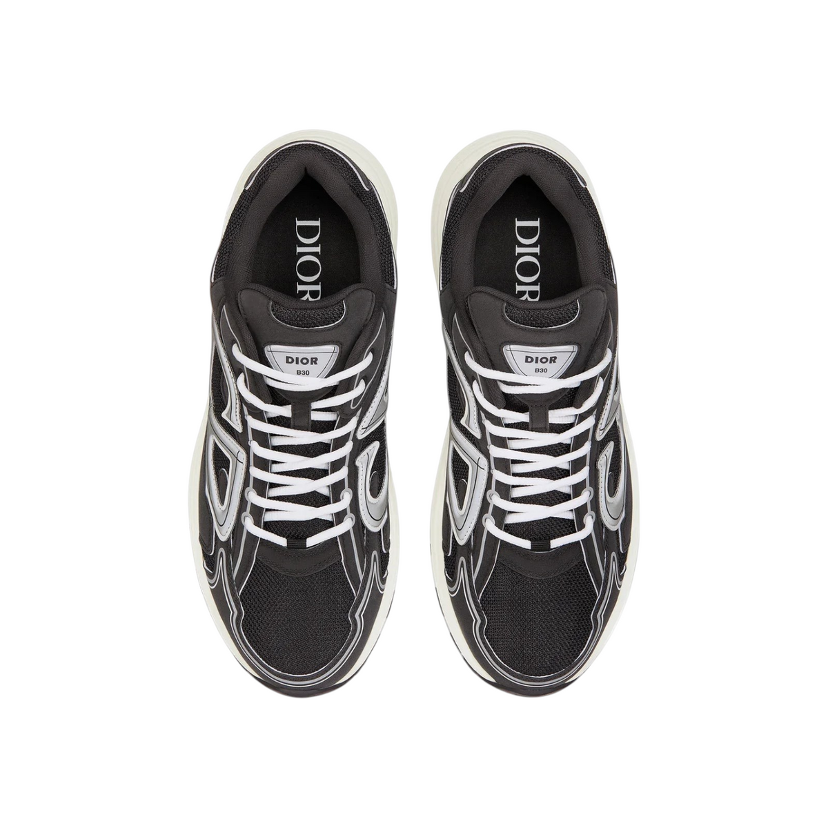 JeevzPlug Dior B30 sneakers in black mesh and technical fabric with reflective CD30 signatures and white laces.
