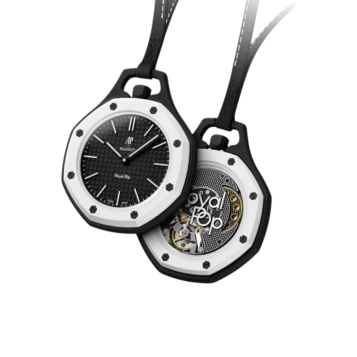 JeevzPlug AP x Swatch Royal Pop Ocho Negro bioceramic pocket watch with black dial and visible automatic movement.
