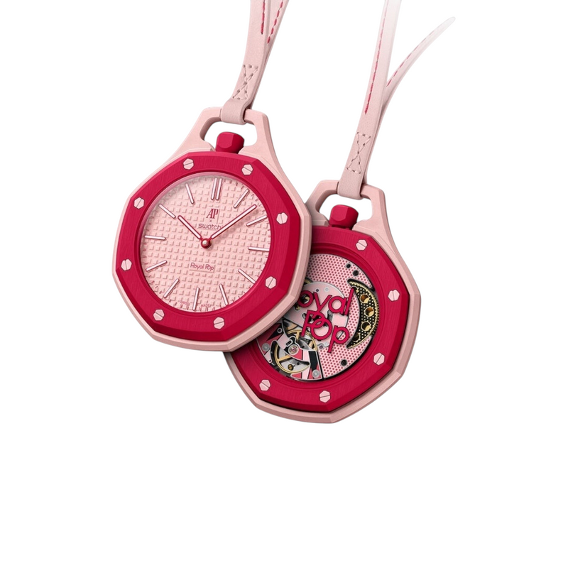 JeevzPlug AP x Swatch Royal Pop Otto Rosso red bioceramic pocket watch with leather lanyard and SISTEM51 movement