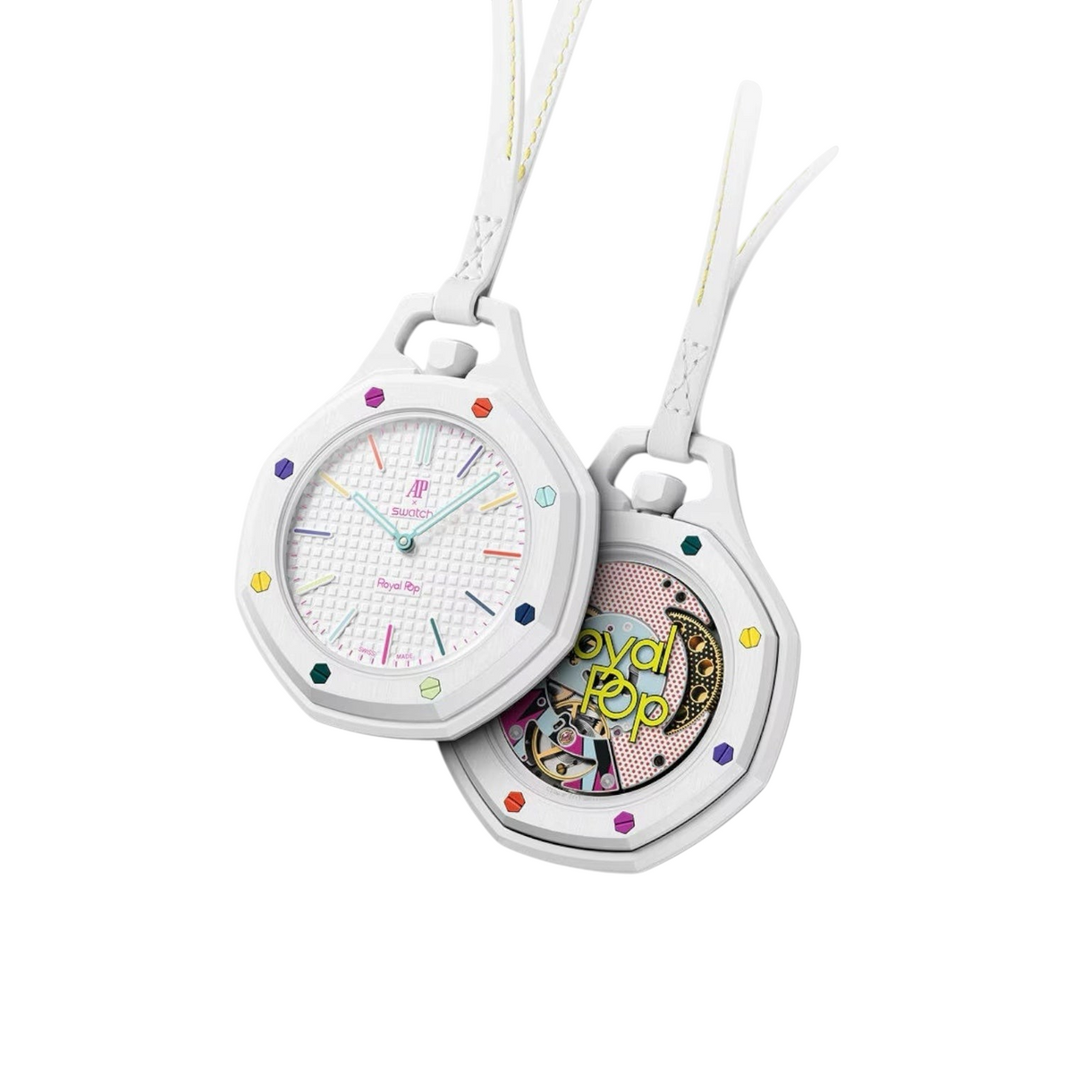 JeevzPlug AP x Swatch Royal Pop Huit Blanc white bioceramic pocket watch with colourful accents and leather strap