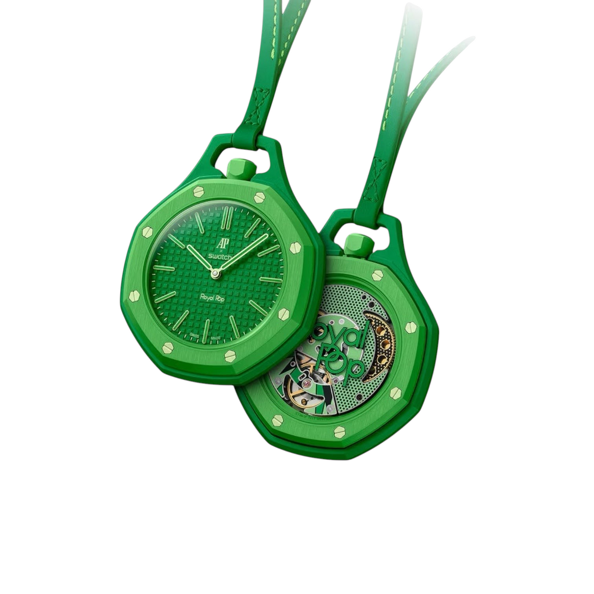 JeevzPlug AP x Swatch Royal Pop Green Eight pocket watch in bioceramic with a green leather strap