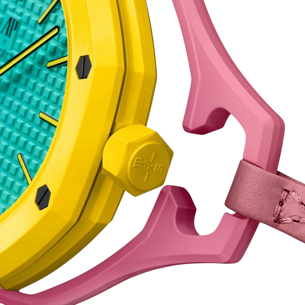 JeevzPlug Audemars Piguet x Swatch Royal Pop OTG Roz pocket watch in yellow and pink Bioceramic with leather strap