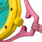 JeevzPlug Audemars Piguet x Swatch Royal Pop OTG Roz pocket watch in yellow and pink Bioceramic with leather strap