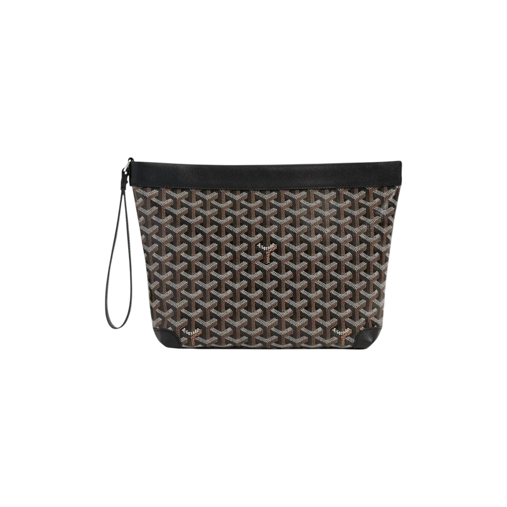 JeevzPlug Goyard Conti Pouch in signature black Goyardine canvas with leather trim and a wrist strap.