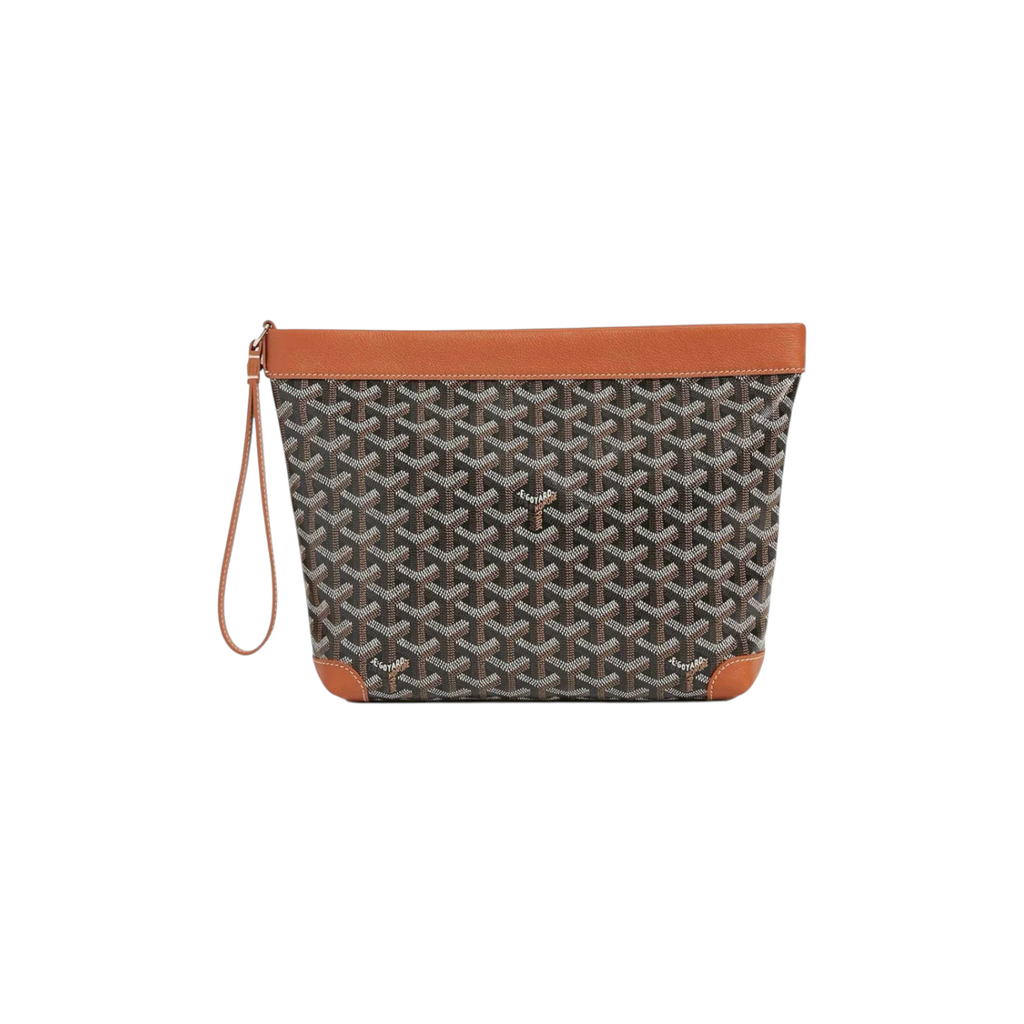 JeevzPlug Goyard Conti Pouch in signature monogram Goyardine canvas with brown leather trim and wrist strap