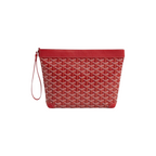 JeevzPlug Goyard Conti Pouch in red Goyardine canvas with leather trim, zip closure, and a matching wrist strap.