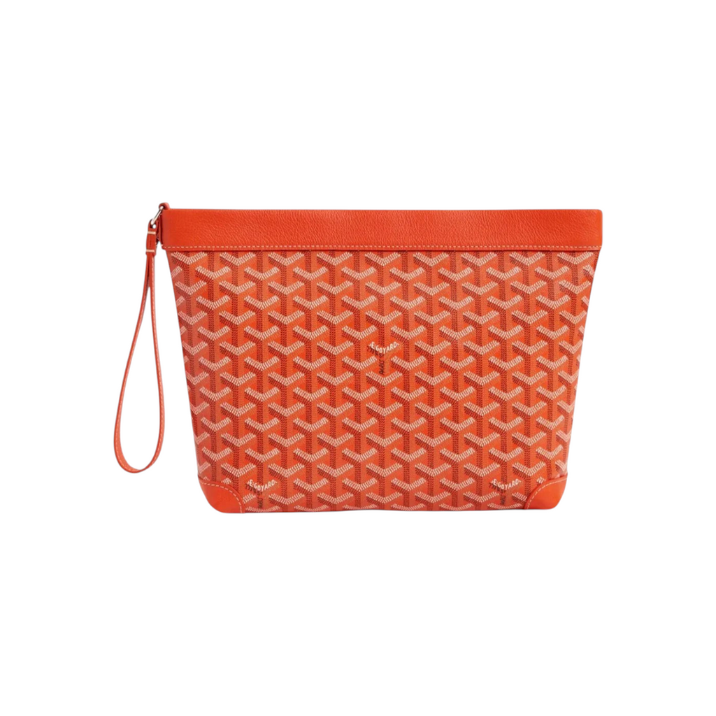 JeevzPlug Goyard Conti Pouch in orange Goyardine canvas with leather trim and a wrist strap