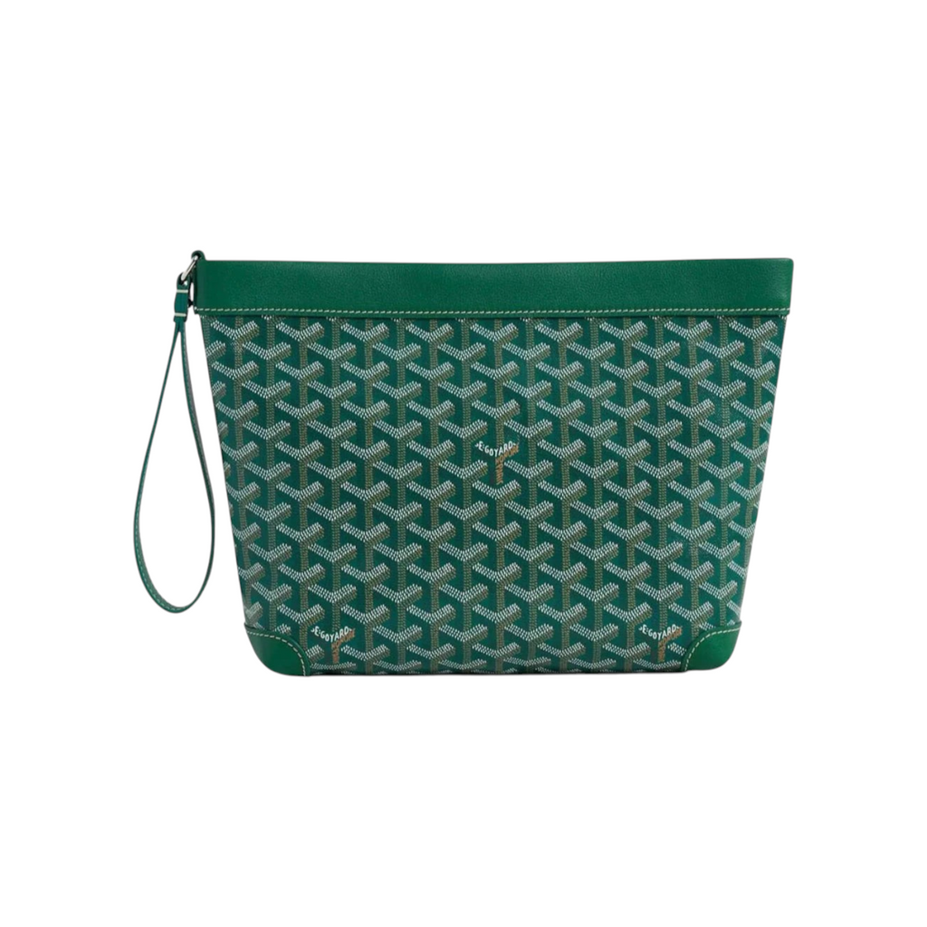JeevzPlug Goyard Conti Pouch in green Goyardine canvas with leather trim and a wrist strap.