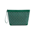 JeevzPlug Goyard Conti Pouch in green Goyardine canvas with leather trim and a wrist strap.