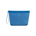 JeevzPlug Goyard Conti Pouch in blue Goyardine canvas with leather trim, zip closure, and a wrist strap.