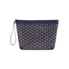 JeevzPlug Goyard Conti Pouch in blue Goyardine canvas with leather trim, zip closure, and a wrist strap.