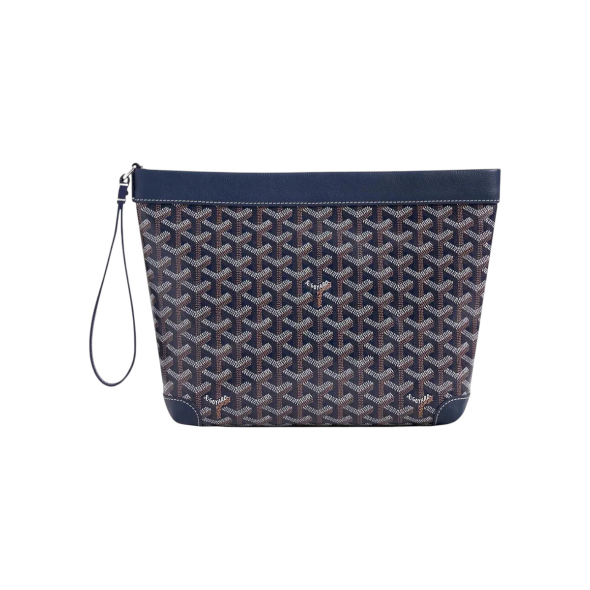 JeevzPlug Goyard Conti Pouch in blue Goyardine canvas with leather trim, zip closure, and a wrist strap.