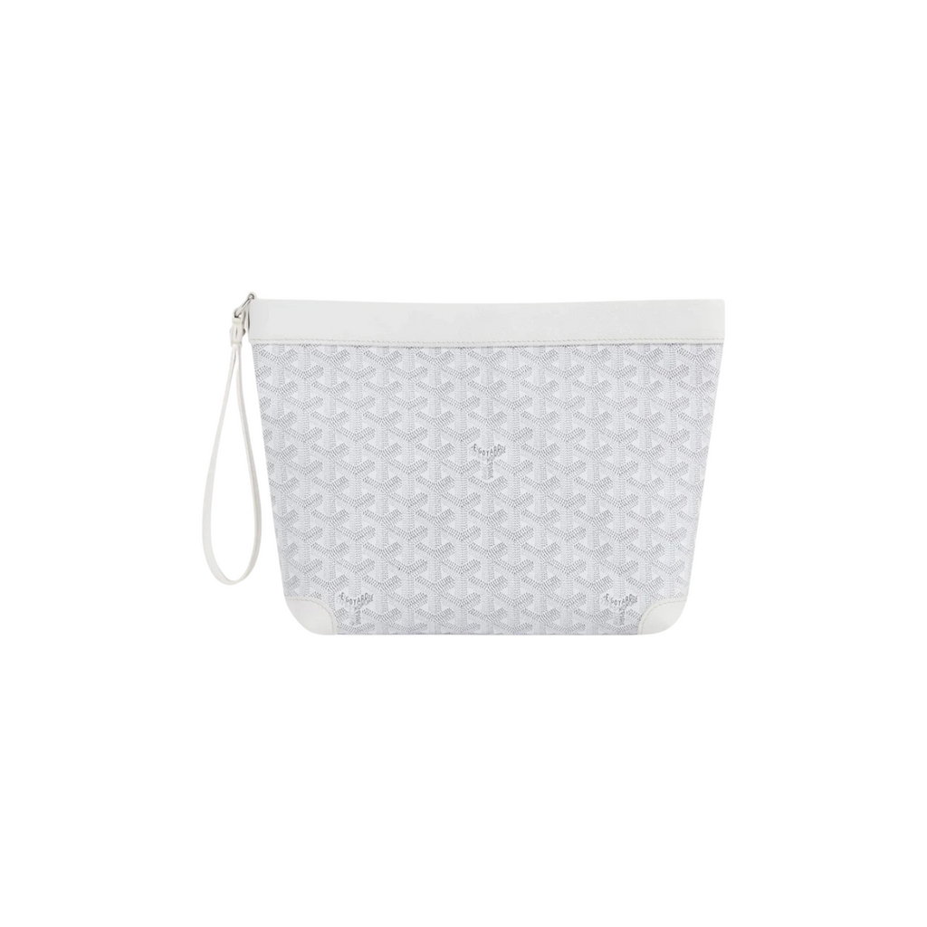 JeevzPlug Goyard Conti Pouch in white Goyardine canvas with leather trim and a convenient wrist strap