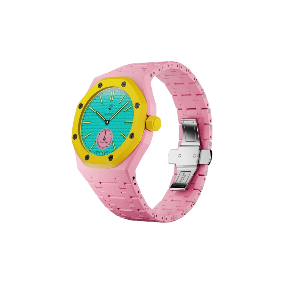 JeevzPlug Swatch x Audemars Piguet Royal Pop Otg Roz bioceramic watch with pink strap, yellow bezel, and teal dial.