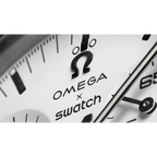 JeevzPlug Swatch x Omega Moonswatch 1965 white dial detail with iconic branding and black chronograph hands