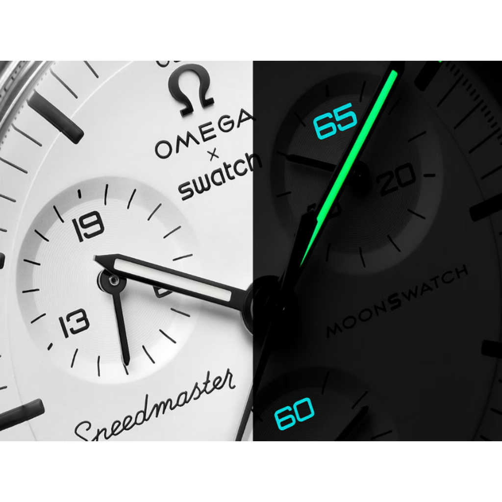 JeevzPlug Swatch x Omega Moonswatch 1965 watch dial showing white face, black bezel, and glowing blue luminous details.