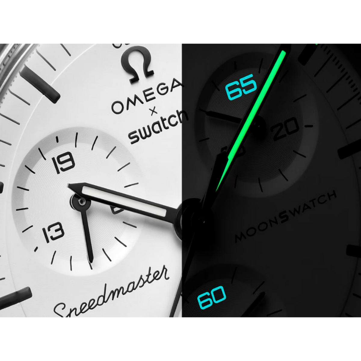 JeevzPlug Swatch x Omega Moonswatch 1965 watch dial showing white face, black bezel, and glowing blue luminous details.