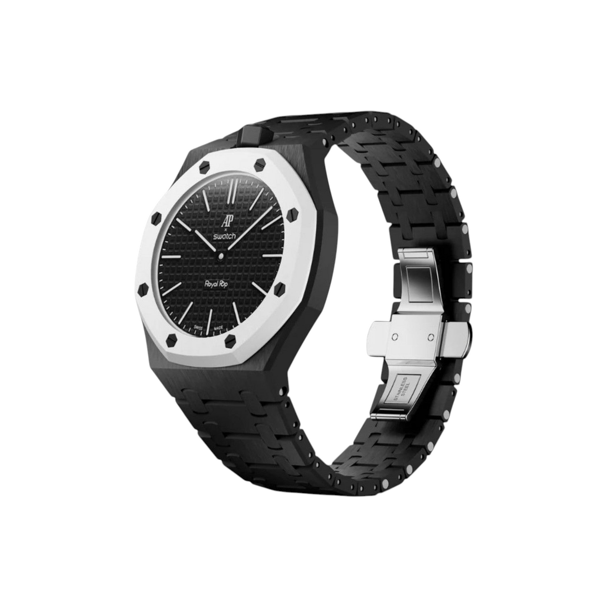JeevzPlug Swatch x Audemars Piguet Royal Pop Ocho Negro watch with black bioceramic octagonal case and link strap