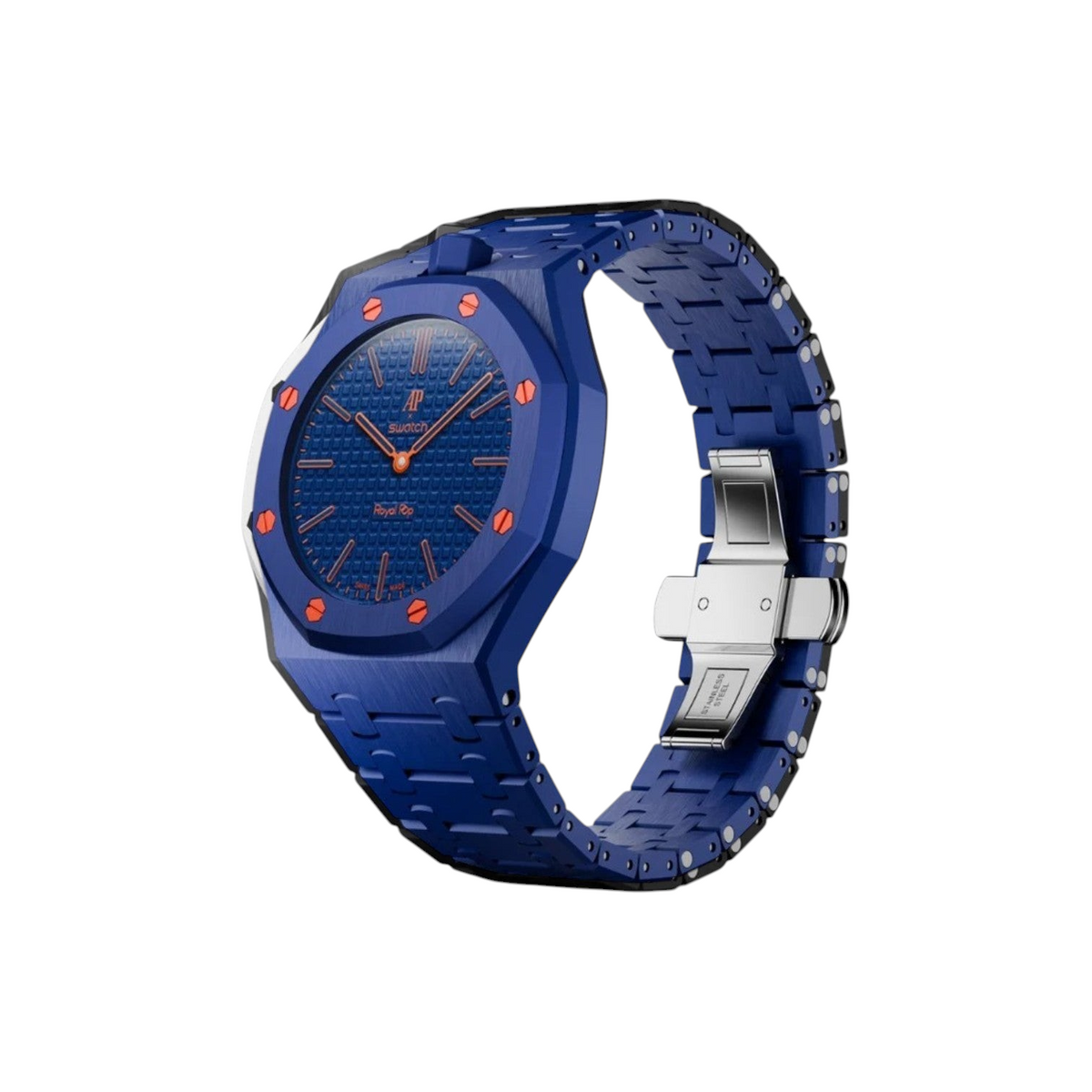 JeevzPlug Swatch X Audemars Piguet Royal Pop Orenji Hachi blue bioceramic watch with orange accents and metal clasp