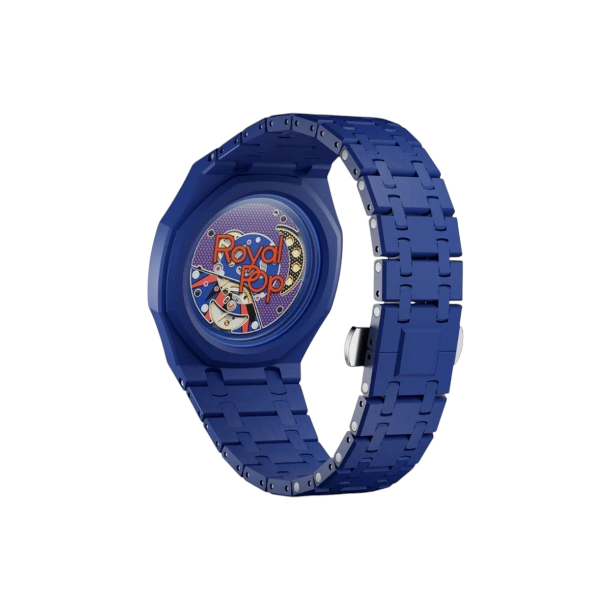 JeevzPlug Swatch X Audemars Piguet Royal Pop bioceramic watch with a deep blue octagonal case and matching link strap.