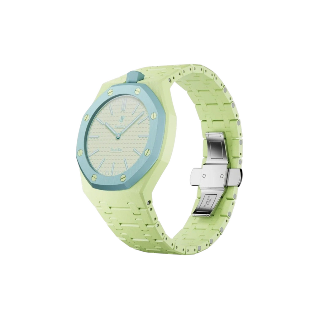 JeevzPlug Swatch X Audemars Piguet Royal Pop bioceramic watch strap in light green with a blue octagonal bezel.