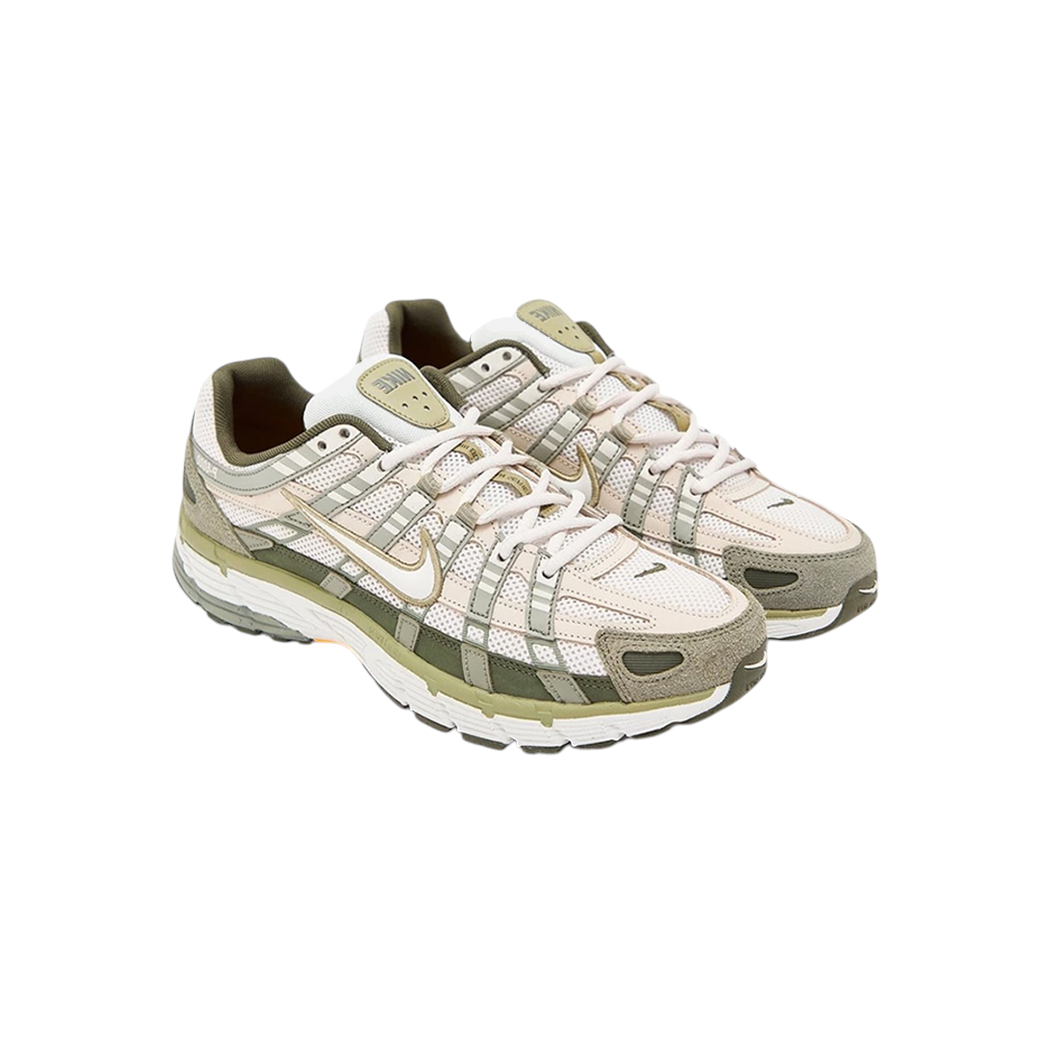 JeevzPlug Nike P-6000 Cargo Khaki sneakers featuring mesh and leather overlays in olive and cream tones.