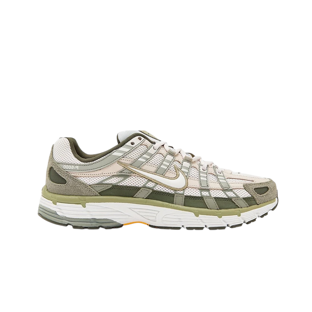 JeevzPlug Nike P-6000 Cargo Khaki sneakers with mesh and leather overlays in olive, beige, and white tones.