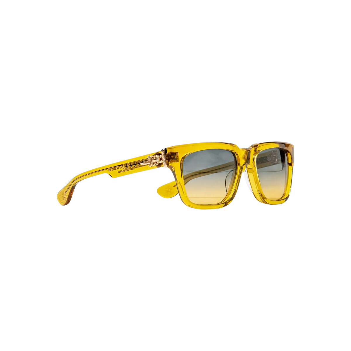 JeevzPlug Chrome Hearts Box Officer sunglasses in translucent malt yellow acetate with gradient lenses and cross rivets.