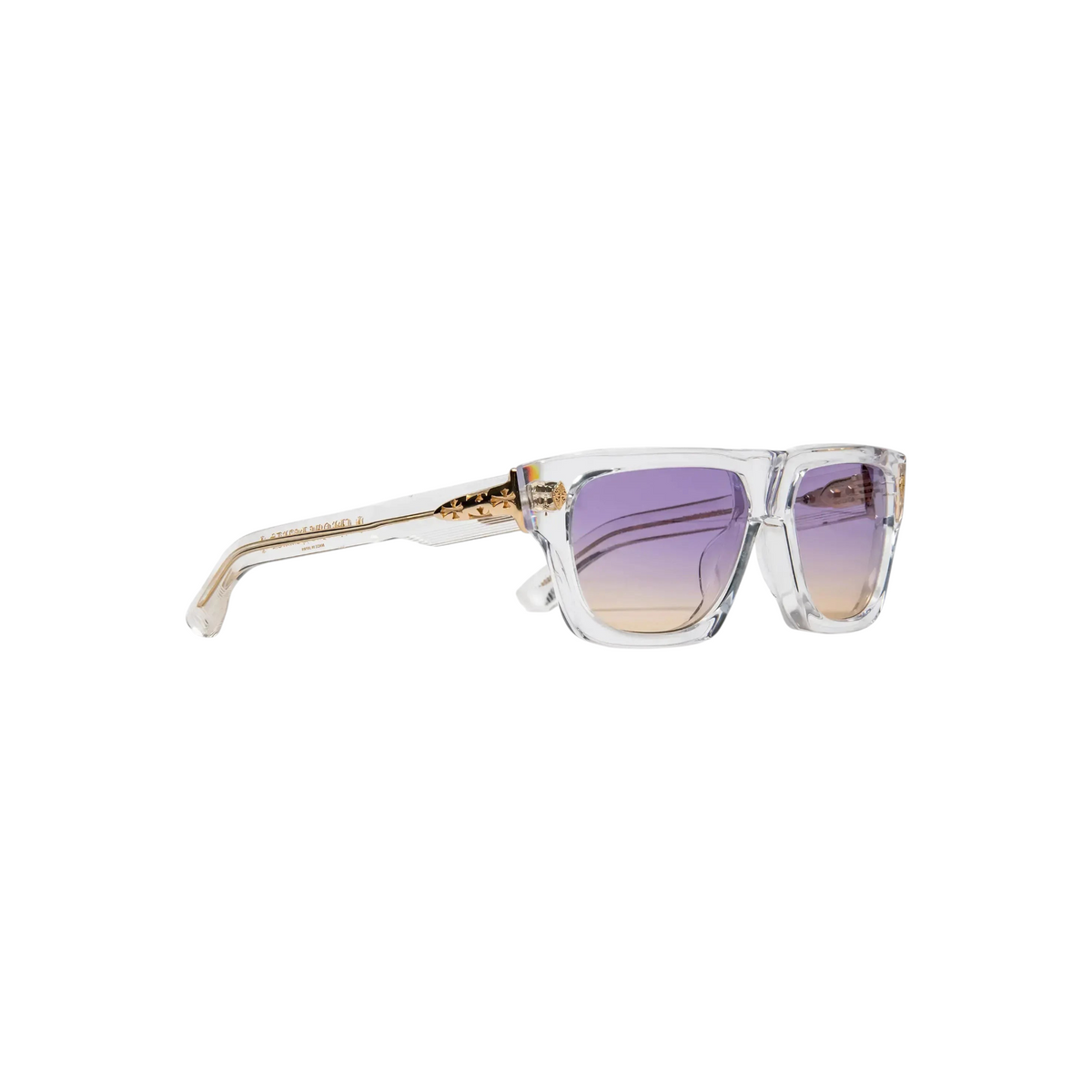 JeevzPlug Chrome Hearts Charismadick sunglasses with clear acetate frames, gold cross rivets, and violet gradient lenses.