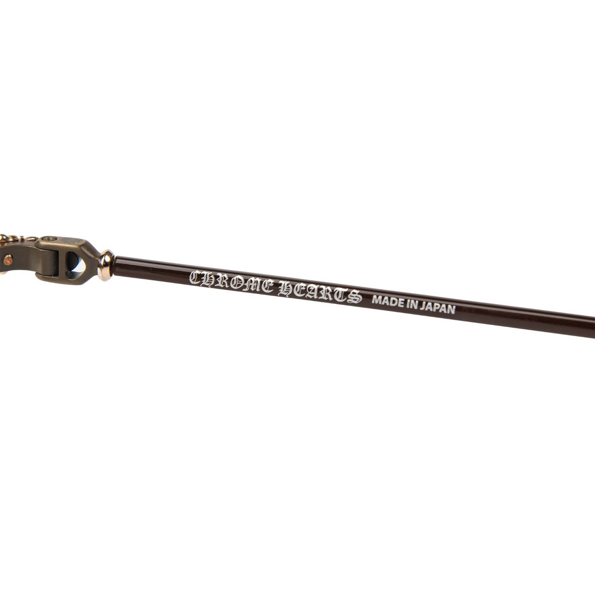 JeevzPlug Chrome Hearts Diamond Dog sunglasses temple detail featuring branded light brown acetate and silver hinge