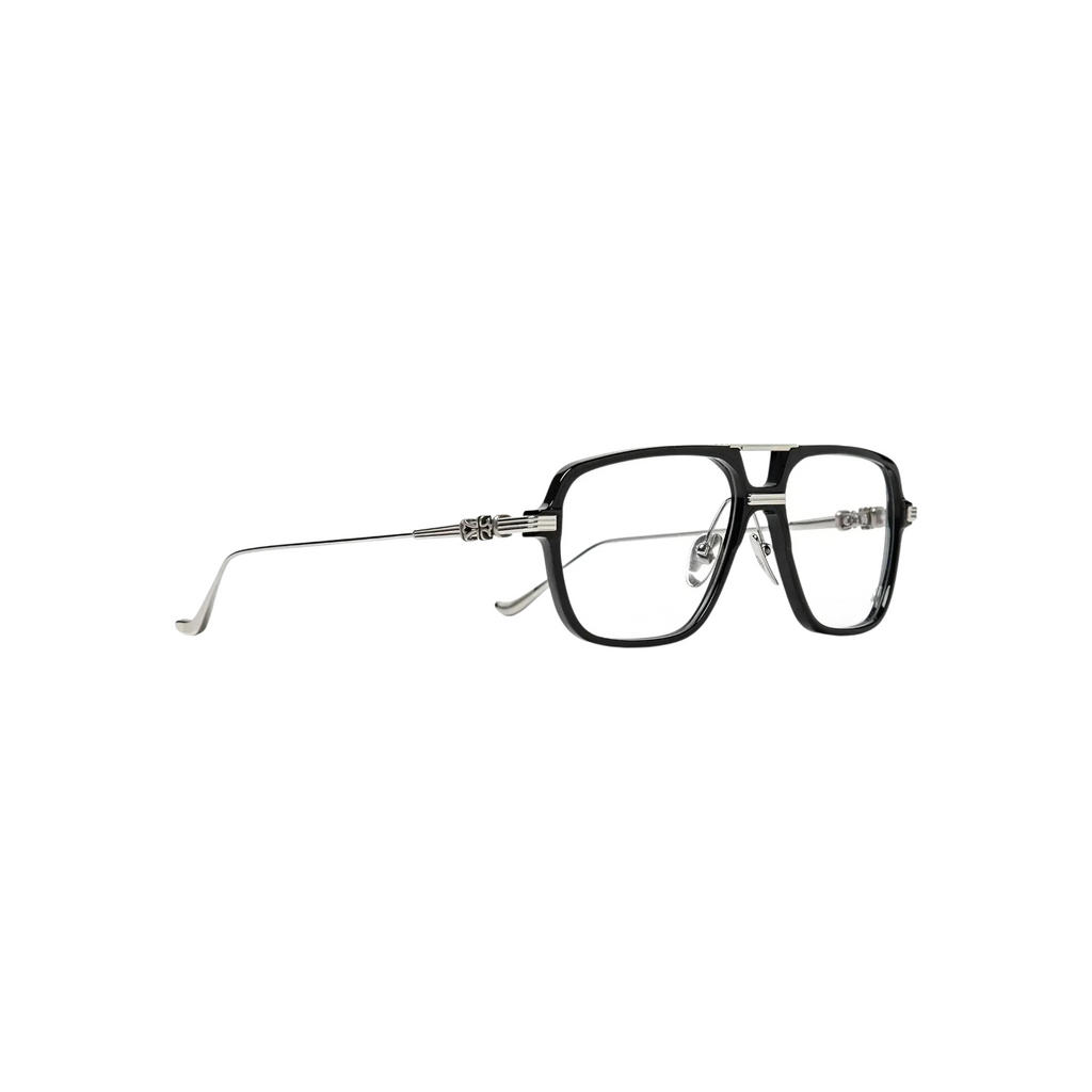 JeevzPlug Chrome Hearts Init aviator-style glasses with glossy black acetate frames and silver cross temple details.