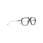 JeevzPlug Chrome Hearts Init aviator-style glasses with glossy black acetate frames and silver cross temple details.