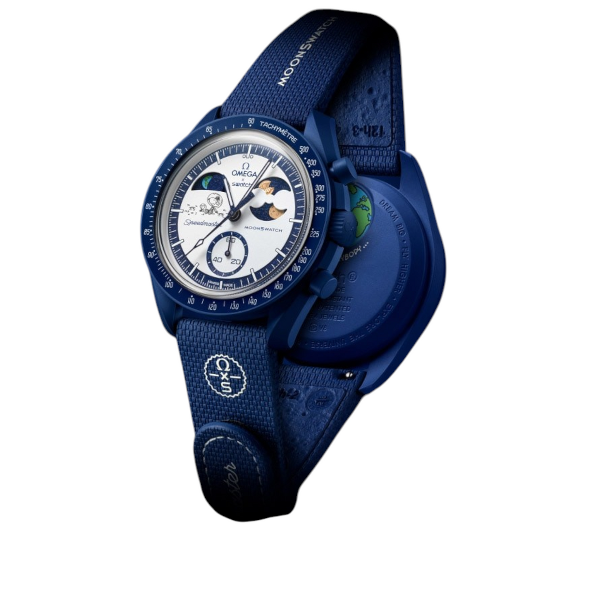 JeevzPlug Swatch x Omega MoonSwatch Mission to Earthphase Beaver Moon watch with navy bioceramic case and Snoopy dial.