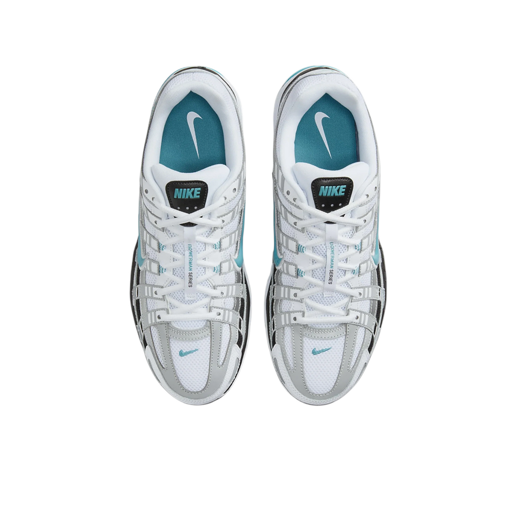 JeevzPlug Nike P-6000 Dusty Cactus sneakers in white, metallic silver, and teal with a breathable mesh layered design.