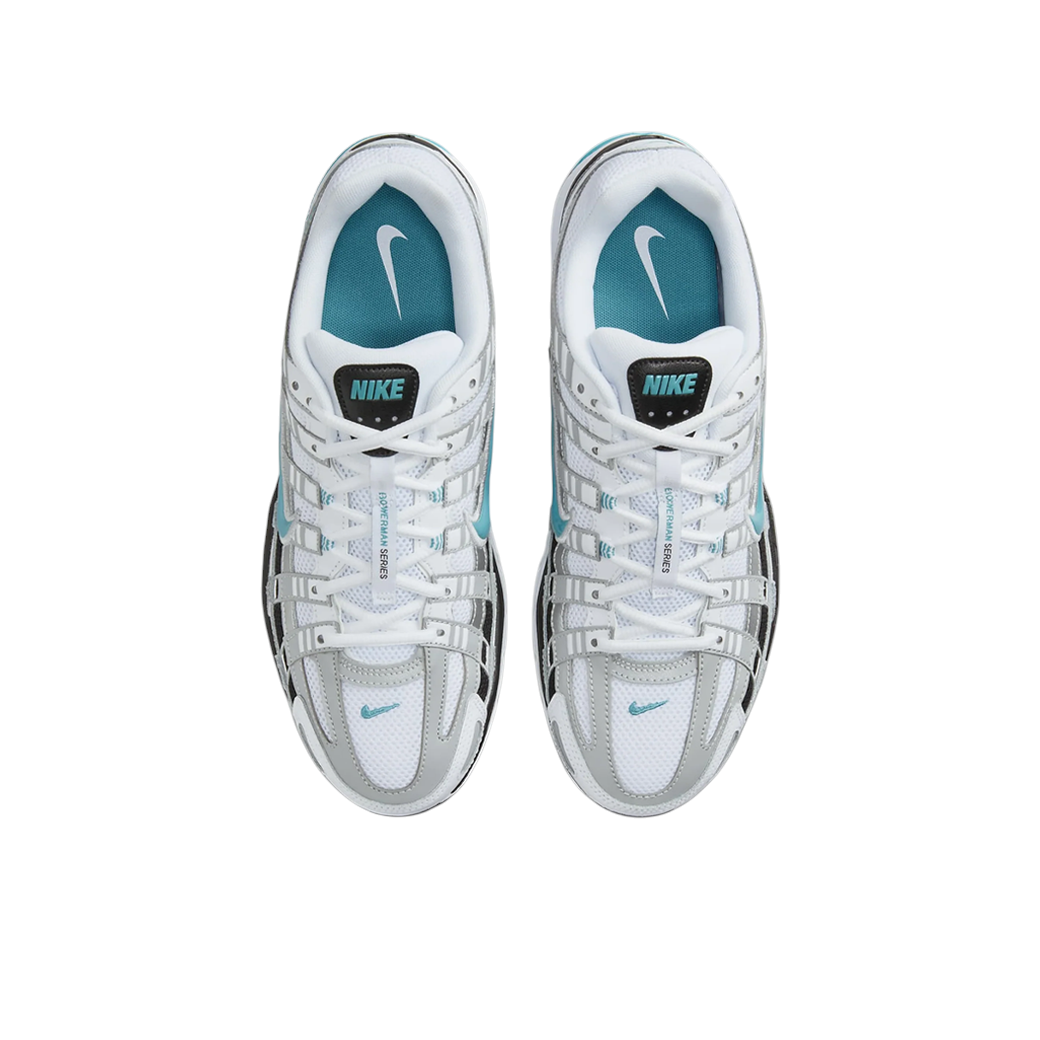 JeevzPlug Nike P-6000 Dusty Cactus sneakers in white, metallic silver, and teal with a breathable mesh layered design.