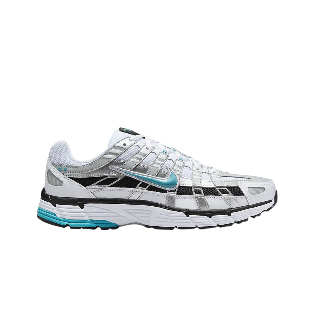 JeevzPlug Nike P-6000 Dusty Cactus sneaker in white, metallic silver, and teal mesh with layered synthetic overlays