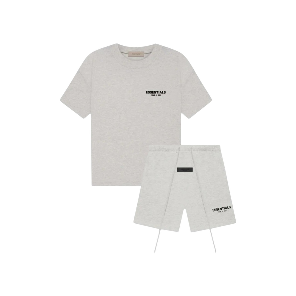 JeevzPlug Fear of God Essentials light heather oatmeal cotton short set with logo branding