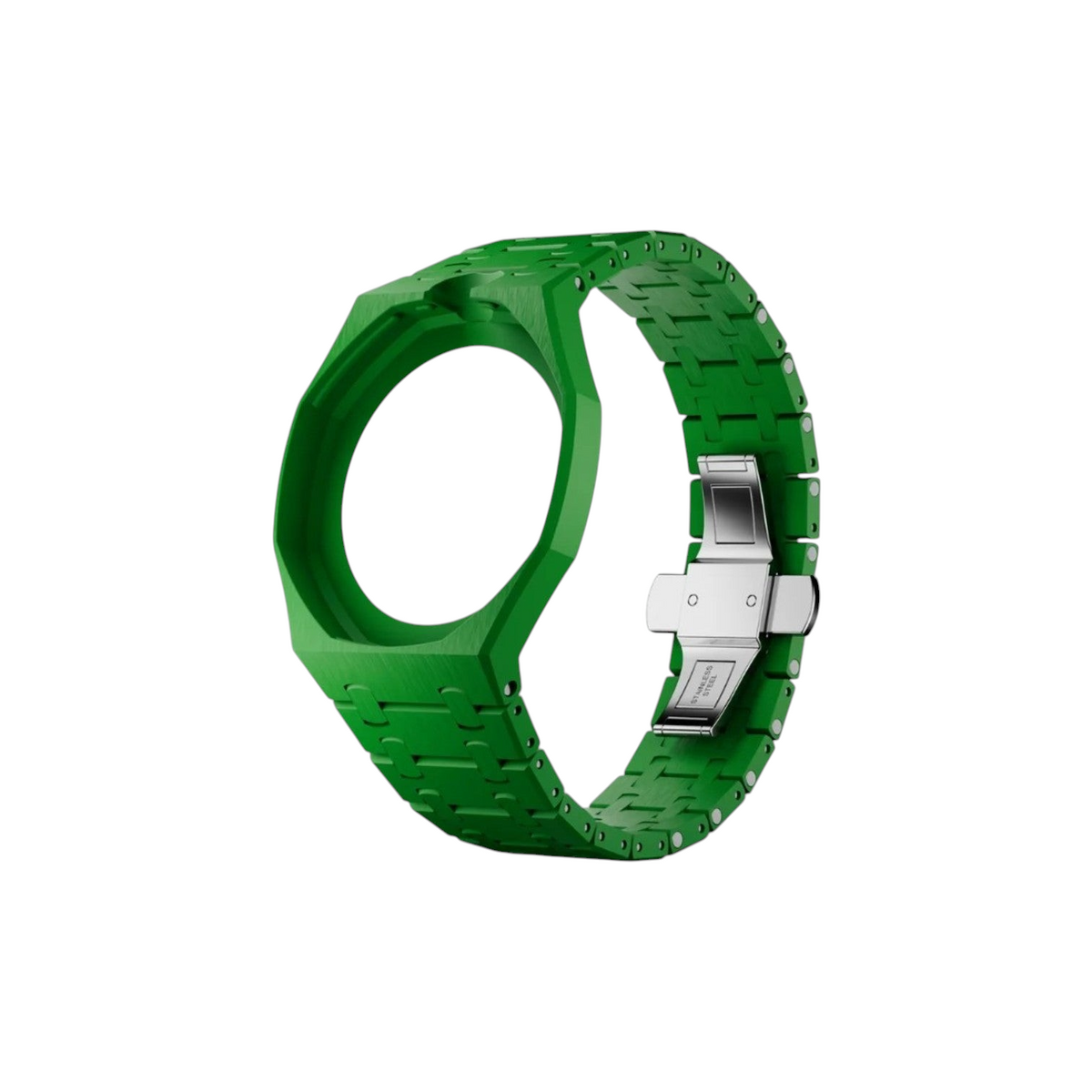JeevzPlug green bioceramic watch case and strap for Royal Pop Green Eight with a stainless steel butterfly clasp