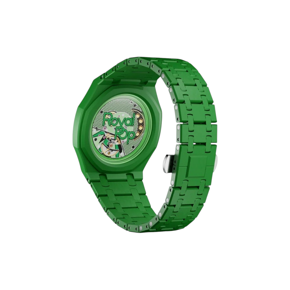 JeevzPlug Swatch X Audemars Piguet Royal Pop Green Eight bioceramic watch with a tonal green dial and link bracelet.