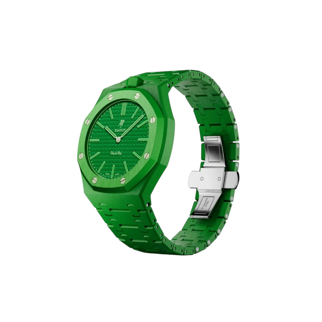 JeevzPlug Swatch X Audemars Piguet Royal Pop Green Eight bioceramic watch with green Petite Tapisserie dial