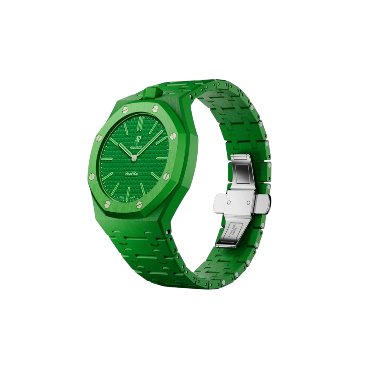 JeevzPlug Swatch X Audemars Piguet Royal Pop Green Eight bioceramic watch with green Petite Tapisserie dial