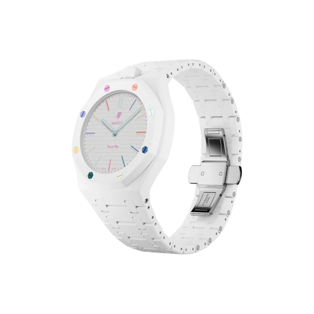 JeevzPlug Swatch X Audemars Piguet Royal Pop Huit Blanc watch with white bioceramic case and rainbow hexagonal screws