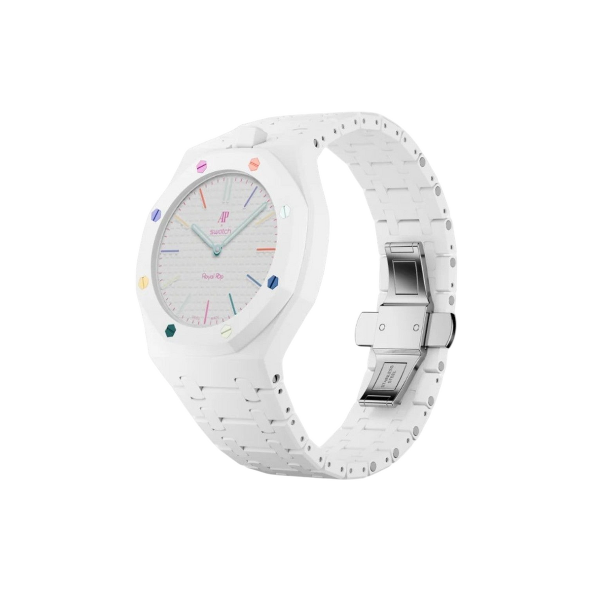 JeevzPlug Swatch X Audemars Piguet Royal Pop Huit Blanc watch with white bioceramic case and rainbow hexagonal screws