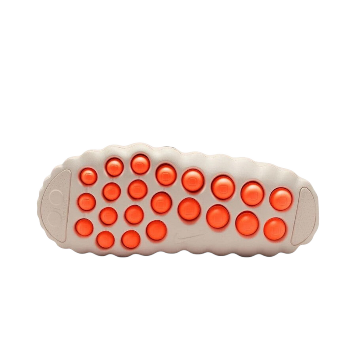 JeevzPlug Nike Mind 001 Slide in Light Bone featuring a unique orange bubble-textured outsole for grip and stability.