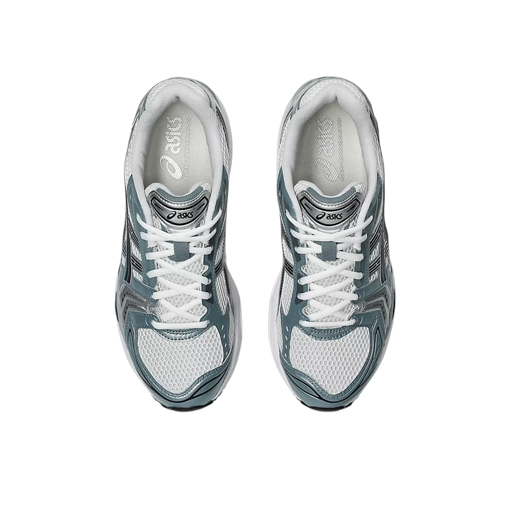 JeevvzPlug ASICS Gel-Kayano 14 sneakers in white and fjord grey mesh with synthetic overlays, top-down view.