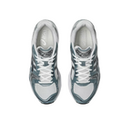 JeevvzPlug ASICS Gel-Kayano 14 sneakers in white and fjord grey mesh with synthetic overlays, top-down view.