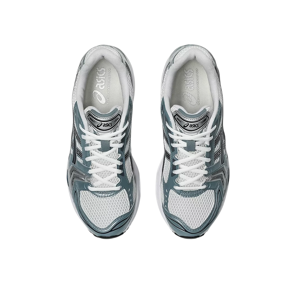 JeevvzPlug ASICS Gel-Kayano 14 sneakers in white and fjord grey mesh with synthetic overlays, top-down view.