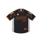 JeevvzPlug Supreme Stars baseball jersey in black and orange with tackle twill appliqué and button-front closure.