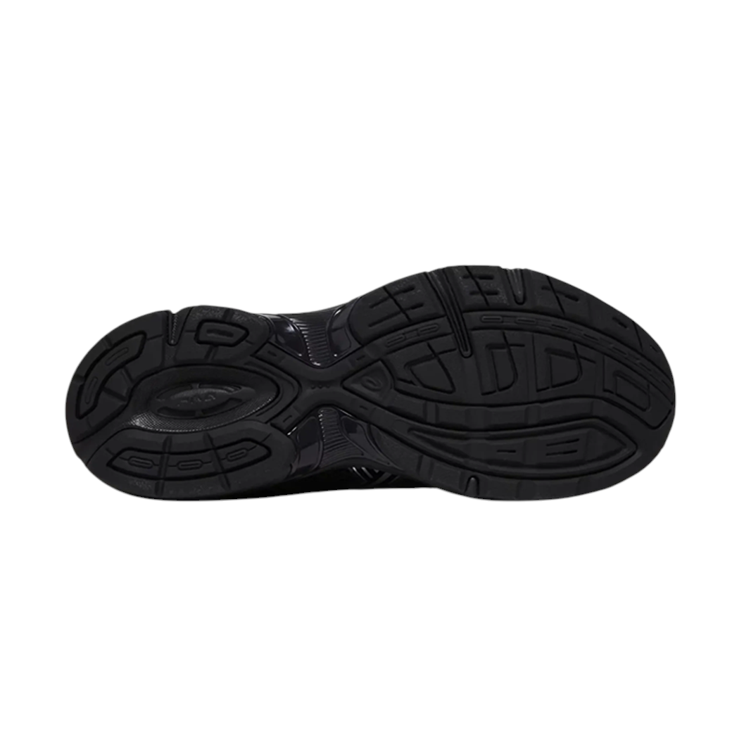 JeevzPlug ASICS Gel-1130 black running shoe showing the durable rubber outsole tread pattern